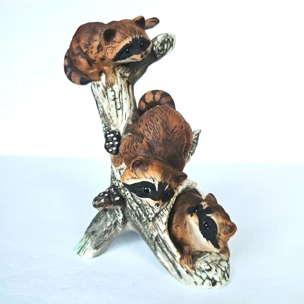Vintage Homco Masterpiece Porcelain Raccoon Family Tree Figurine Wildlife Decor
